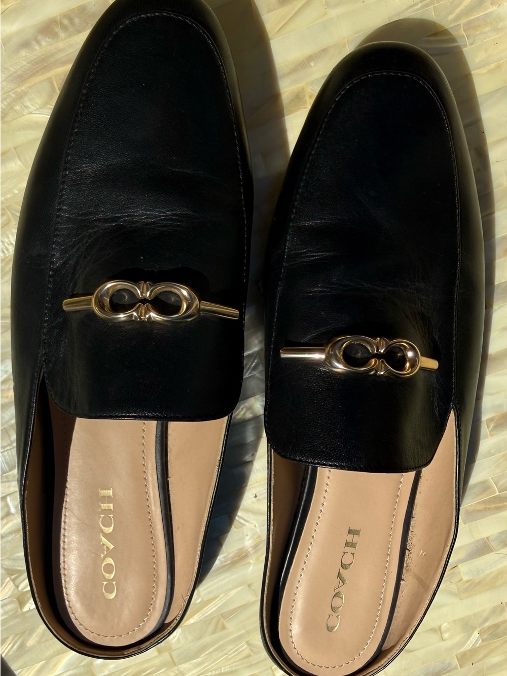 COACH Black Leather Mule Loafers with Gold Horsebit - Picture 2 of 3